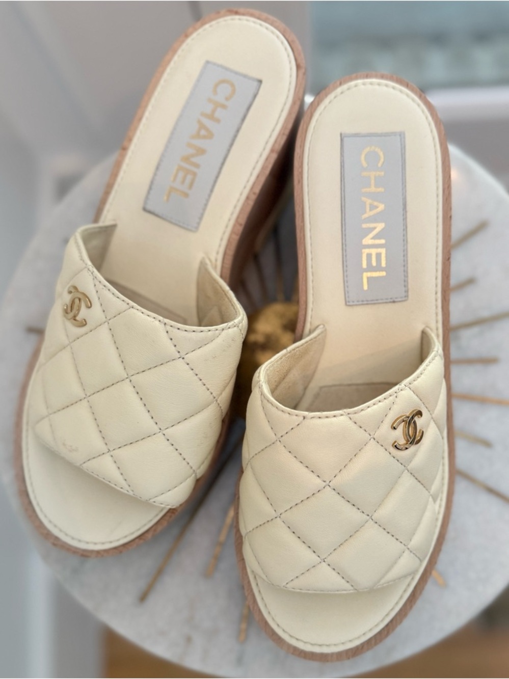 CHANEL Cream Quilted Slide Mules with Gold CC Emblem - Picture 2 of 5